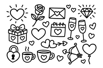 Charming valentine doodles set with hearts, gifts, and romantic symbols. Black and white vector cartoon illustration collection. Love, romance, engagement, wedding icons.