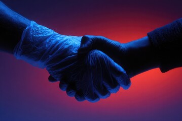 Handshake with one hand wearing glove 