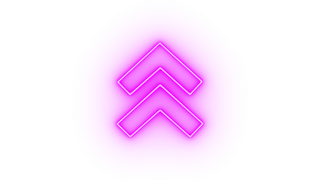 A bright pink neon double chevron arrow pointing upwards, isolated on transparent background
