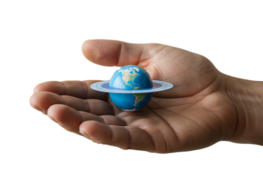 Earth miniature rests in open palm against white backdrop, symbolizing global responsibility and environmental awareness, conveying a message of care and sustainability.