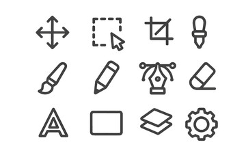 Graphic design tools icon set. Vector line art symbols for web and app interface. Minimalist pictogram collection for UI UX design. Move, crop, pen, brush, and text tools.