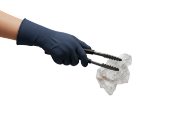 Hand in blue glove holds ice with tongs against a white backdrop, demonstrating cleanliness and hygiene in a food preparation or medical setting.