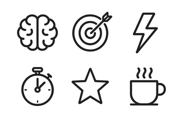 Brainstorming and achievement vector icons. Metaphors for idea, goal, energy, time management, and success. Minimalist symbols set for business and productivity.