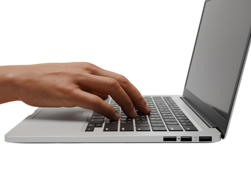 Hand types on laptop keyboard in bright office, showcasing productivity and modern technology, creating a focused and efficient work environment. - Powered by Adobe