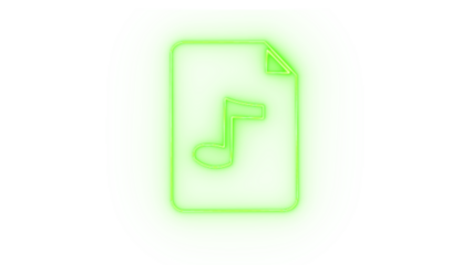 Green neon music note icon on a document, isolated on transparent background