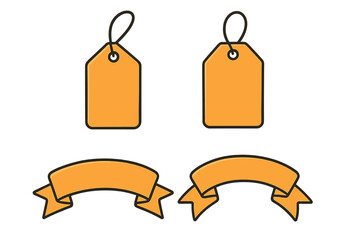 Set of orange price tags and ribbon banners. Vector cartoon illustration for retail, sale, and promotional design. Blank labels and badges for shopping and marketing.