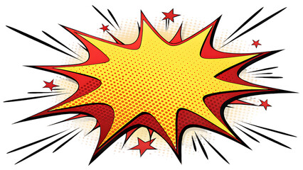 Retro comic book explosion burst shape with halftone dots and stars on a transparent background isolated on transparent background