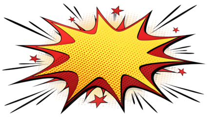 Retro comic book explosion burst shape with halftone dots and stars on a transparent background isolated on transparent background