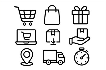E-commerce and online shopping line icon set. Vector symbols for delivery service, logistics, shipping, and retail business. Includes shopping cart, bag, gift box, and timer.