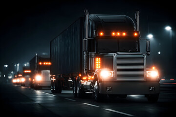 Two semi-trucks driving on a highway at night.