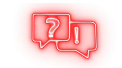 Red neon speech bubbles with question and exclamation marks, isolated on transparent background