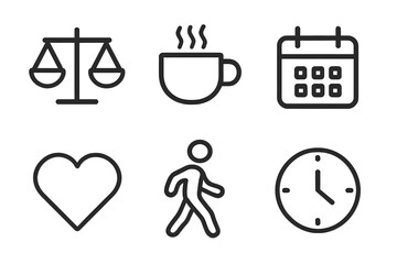 Work life balance concept icons. Line art set for daily routine, time management, healthy lifestyle. Vector symbols of schedule, coffee, exercise, love, justice, and time.