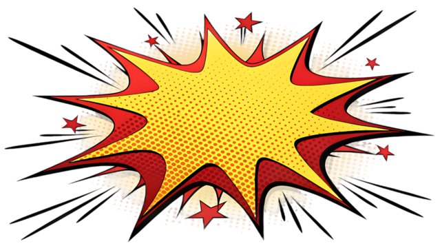 Retro comic book explosion burst shape with halftone dots and stars on a transparent background isolated on transparent background