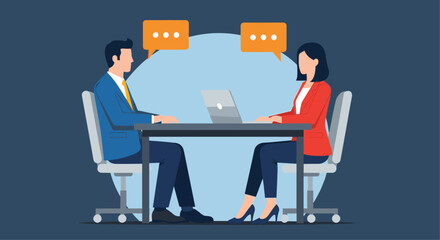 Business meeting illustration, professional conversation, office interview, workplace communication, laptop discussion, vector art, muted tones, isolated on white background