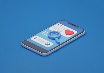 Smartphone application with magnifying glass and social media icons for mobile marketing research and analysis on blue background