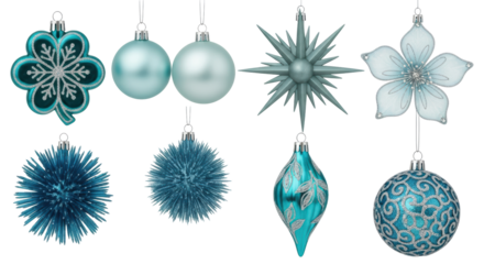 Isolated Christmas tree ornaments in shades of aqua hanging from silver hooks, winter holiday