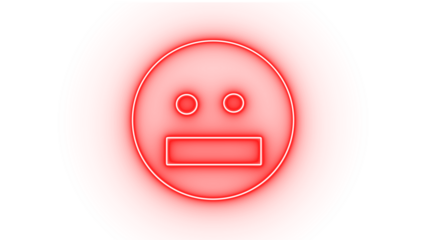 Red neon neutral face emoji with blank expression, isolated on transparent background