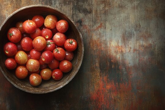A wooden bowl filled with vibrant red and yellow cherry tomatoes resting on a rustic, textured wooden surface. - Powered by Adobe