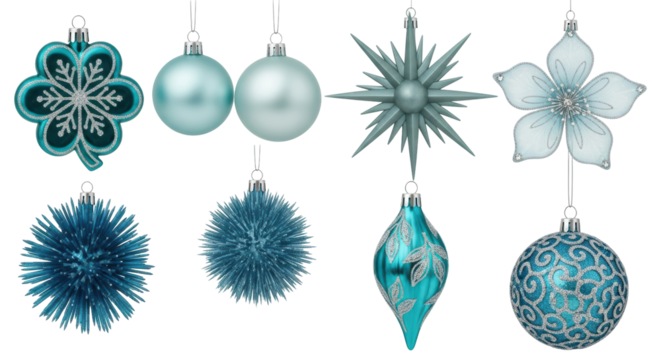 Isolated Christmas tree ornaments in shades of aqua hanging from silver hooks, winter holiday