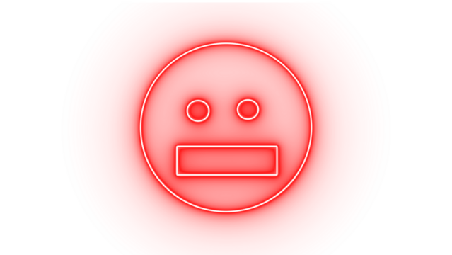 Red neon neutral face emoji with blank expression, isolated on transparent background