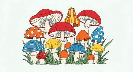Fototapeta premium Colorful Mushroom Patch Illustration with Various Shapes and Patterns.