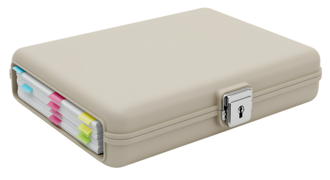 Beige briefcase with colorful document files and a lock on transparent background