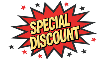 Bold red starburst with special discount text in yellow and white isolated on transparent background