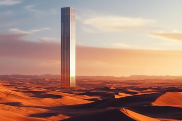 A towering, modern monolith stands in stark contrast to the undulating orange dunes of a vast and desolate desert landscape at sunset.