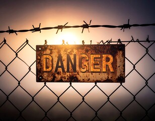 Rusty danger sign on a wire fence at sunset