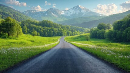 Fototapeta premium Asphalt road in the mountains. Landscape with meadow and forest.