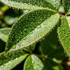 Dew drops glistening on a vibrant green leaf in the morning sunlight closeup view