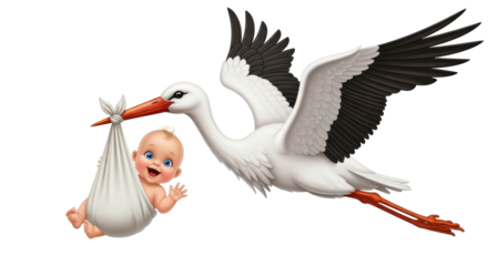 Isolated stork in flight delivering a baby in a sling, a classic birth announcement image