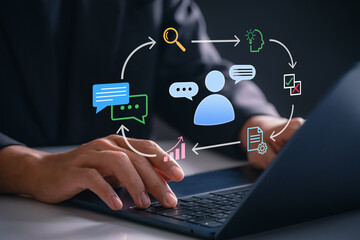 Feedback loop for continuous improvement, business professional using laptop, visualizing data driven communication, process analysis, and digital strategy for enhanced performance and planning