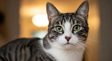 Close up portrait of a curious domestic tabby cat with bright green eyes.