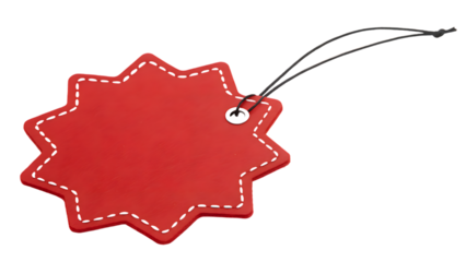A single vibrant red starburst shaped tag with a black string attached perfect for price or gift labeling isolated on transparent background