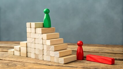 Red and Green Game Pieces on Wooden Staircase – Conceptual Image Representing Personal Growth, Overcoming Obstacles, Career Progression, Success Journey, and Achievement Motivation