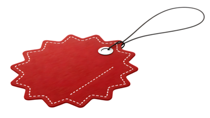 A single bright red starburst shaped price tag with a black string loop and stitched edges isolated on transparent background