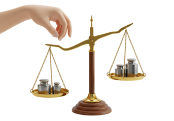 Hand balancing metal weights on vintage scale against white backdrop, symbolizing fairness and justice in legal or financial contexts.