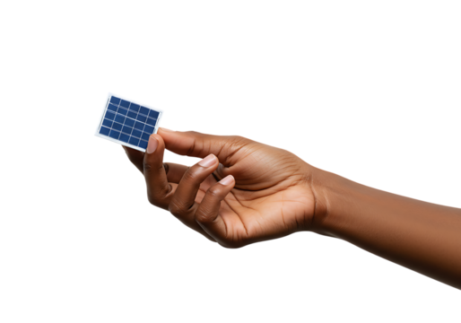 Hand holding small solar panel against white backdrop, showcasing renewable energy and sustainability for a greener future.