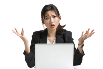 Confused Asian Businesswoman with Open Hands in Front of a Laptop