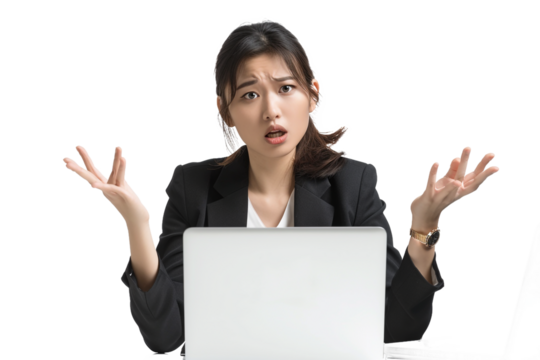 Confused Asian Businesswoman with Open Hands in Front of a Laptop