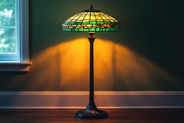 A beautifully illuminated stained glass floor lamp casts a warm glow on a wall, next to a window in a cozy room.