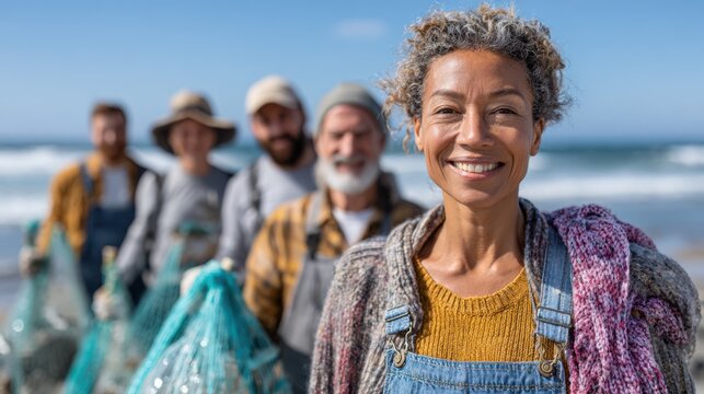 Portrait of smiling woman standing with volunteers on the beach, group cleaning up coastline, focus on environmental protection and community action
