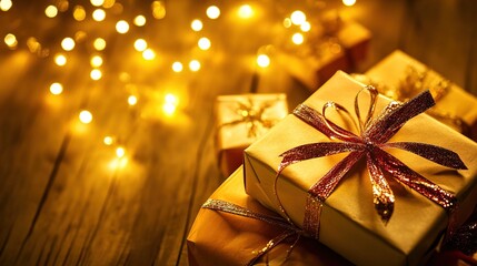 cheer. Festive holiday setup featuring sparkling lights and wrapped gifts on a wooden table, radiating warmth. public awareness campaigns.