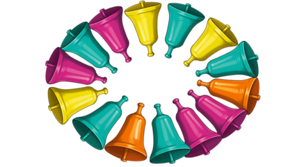 Colorful collection of school bells arranged in a circular pattern on transparent background