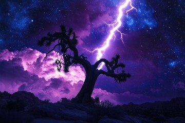 A silhouette of a tree in a desert landscape under a starry sky with a lightning bolt.
