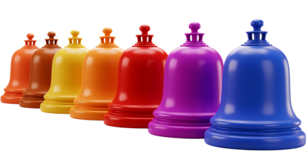 Colorful set of ornate bells arranged in a row on transparent background