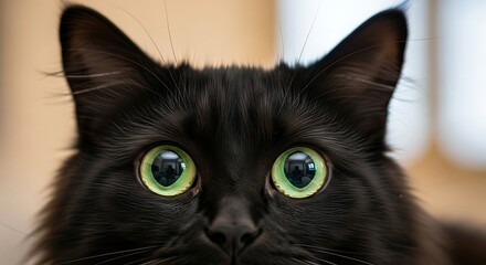 Close up of a black cat with wide green eyes looking directly at the camera.