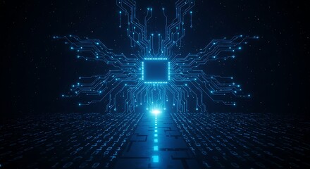 Digital rendering of a glowing blue central processor with intricate light-up circuit board pathways.
