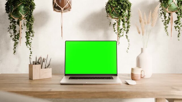 Laptop with green screen on wooden desk in boho rustic style workspace with plants &ndash; smooth front zoom in animation. Includes chroma key, luma matte, and tracking screen clip.